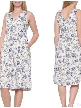 Cynthia Rowley Linen White/Blue Floral Sleeveless Sundress w/Pockets